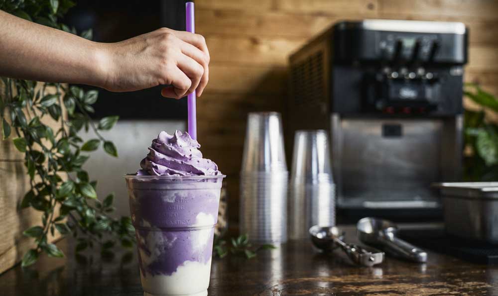 Ice Cream with Ube Powder Purple and cream soft serve ice cream prepared with ube powder