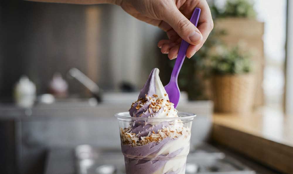Ube Dessert Ube dessert with purple ube mixture poured over creamy soft serve ice cream